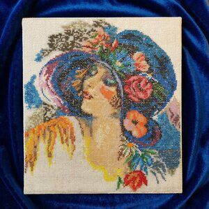 Handmade Czech Beaded Embroidery Woman in Hat – Bead Art Canvas, Vintage Style P